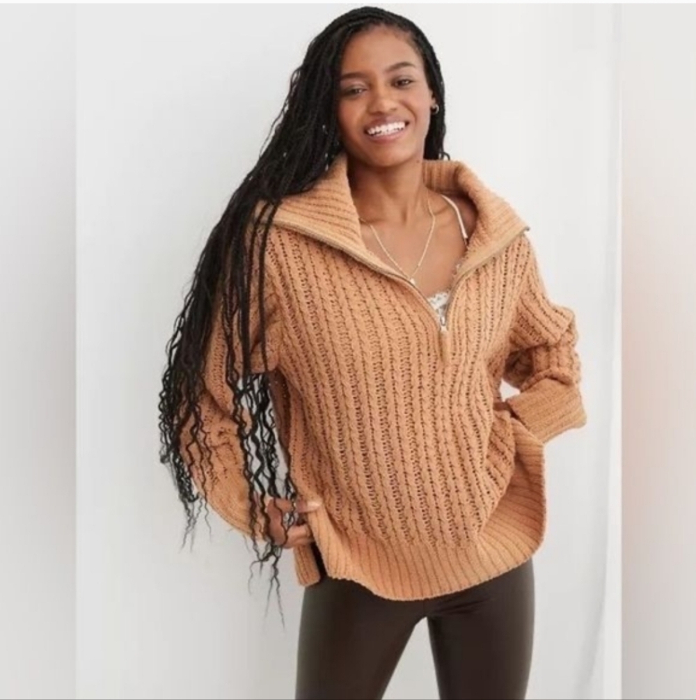 Aerie Cable Car Quarter Zip Sweater, Womens XXS, Chenille Copper Gold Brown Cozy